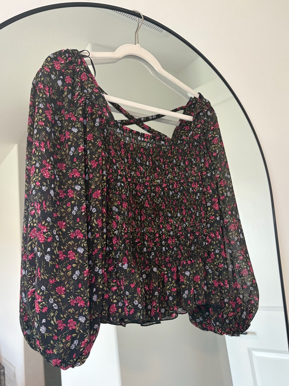 Code Mode Floral Smocked Peasant Top - Black with Pink Floral